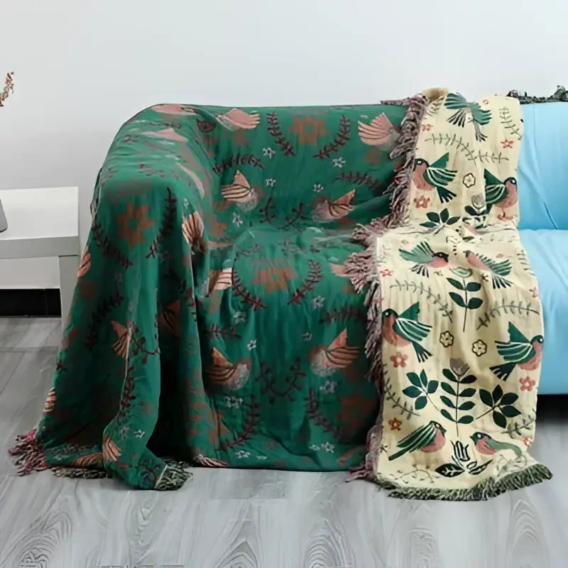 Mustard & teal cotton throw blanket bedroom gauze flowers decor