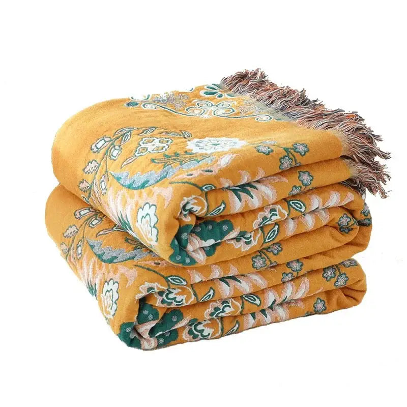 Mustard & teal cotton throw blanket bedroom gauze flowers decor