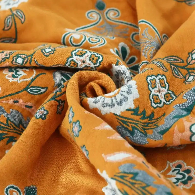 Mustard & teal cotton throw blanket bedroom gauze flowers decor