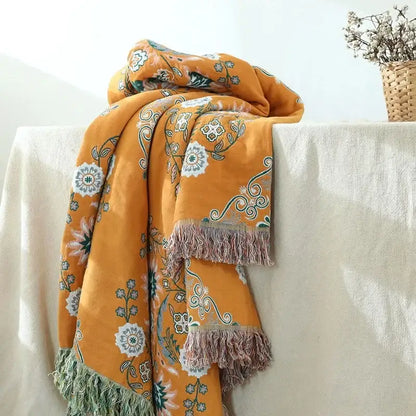 Mustard & teal cotton throw blanket bedroom gauze flowers decor