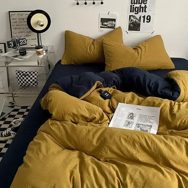Mustard textured cotton bedding set bedroom linen comforter cover