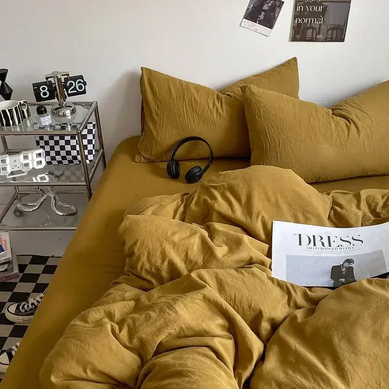 Mustard textured cotton bedding set bedroom linen comforter cover