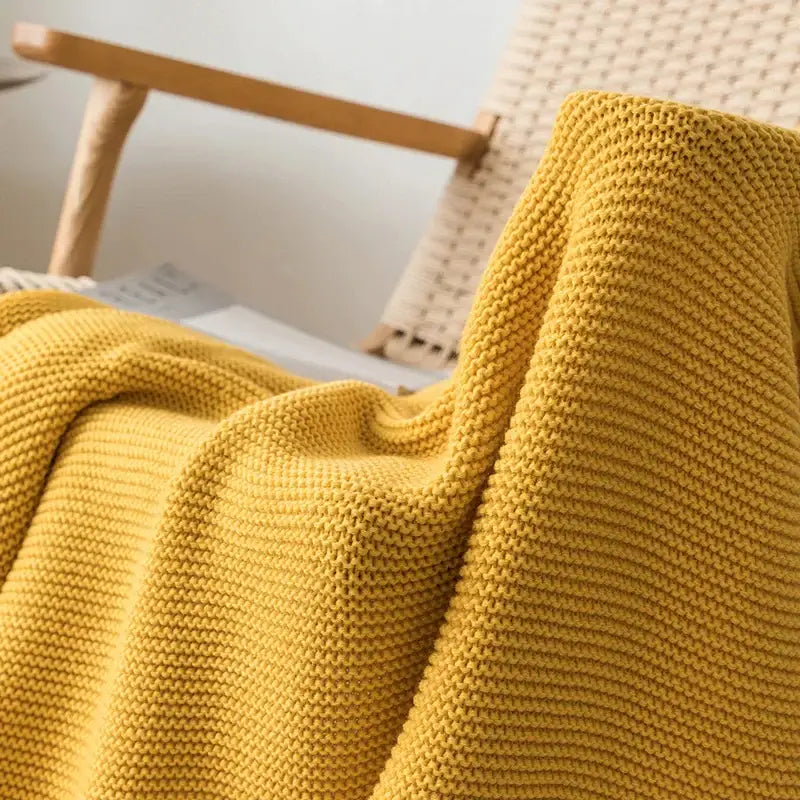 Mustard yellow knit pompom tassel throw blanket bedroom decor