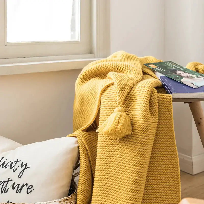 Mustard yellow knit pompom tassel throw blanket bedroom decor
