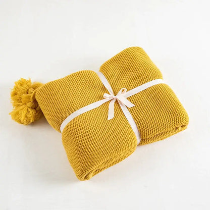 Mustard yellow knit pompom tassel throw blanket bedroom decor