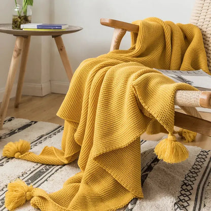 Mustard yellow knit pompom tassel throw blanket bedroom decor