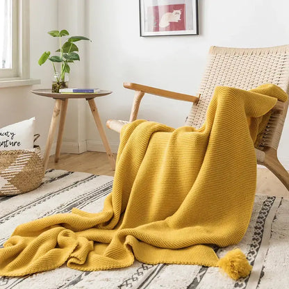 Mustard yellow knit pompom tassel throw blanket bedroom decor