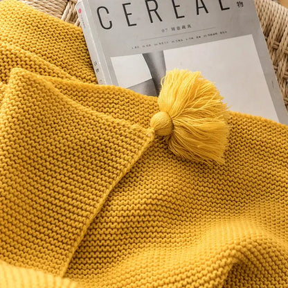 Mustard yellow knit pompom tassel throw blanket bedroom decor