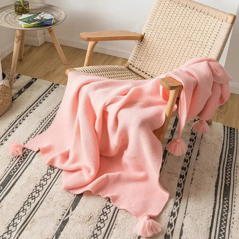 Mustard yellow knit pompom tassel throw blanket bedroom decor