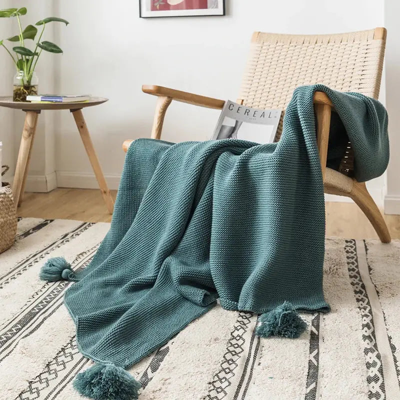 Mustard yellow knit pompom tassel throw blanket bedroom decor