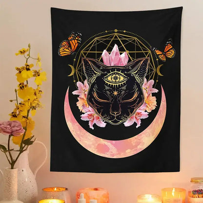 Mystic cat witch moon star wall hanging bedroom psychedelic tapestry