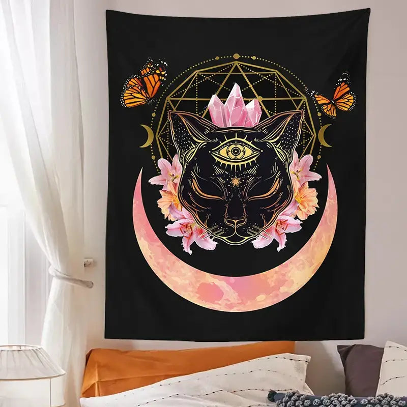 Mystic cat witch moon star wall hanging bedroom psychedelic tapestry