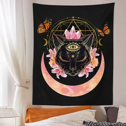 Mystic cat witch moon star wall hanging bedroom psychedelic tapestry