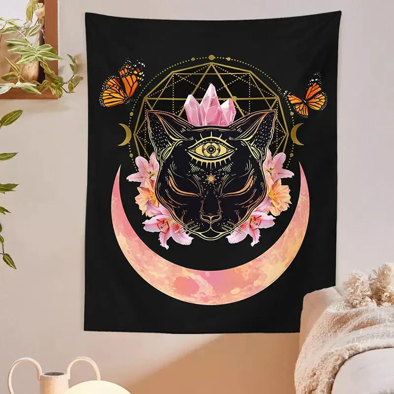 Mystic cat witch moon star wall hanging bedroom psychedelic tapestry