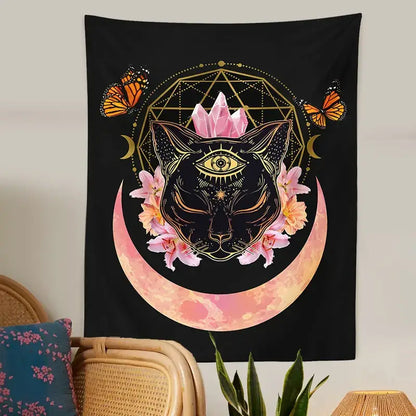 Mystic cat witch moon star wall hanging bedroom psychedelic tapestry