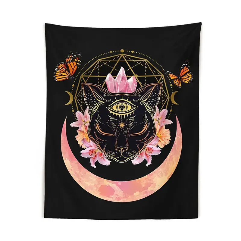Mystic cat witch moon star wall hanging bedroom psychedelic tapestry