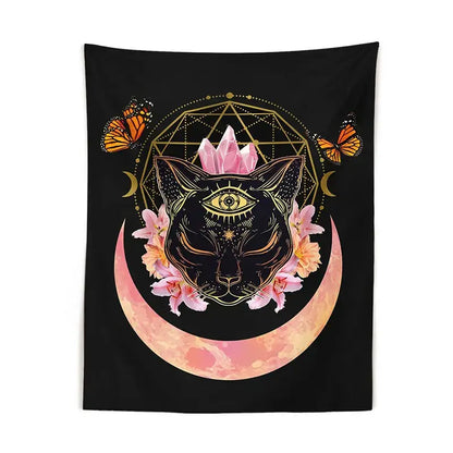 Mystic cat witch moon star wall hanging bedroom psychedelic tapestry
