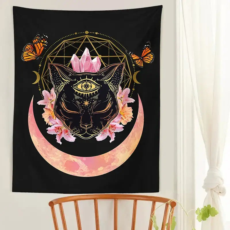 Mystic cat witch moon star wall hanging bedroom psychedelic tapestry