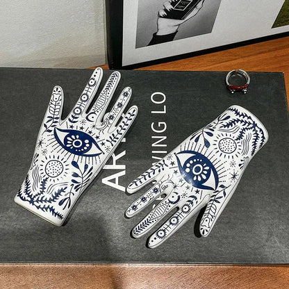 Mystic white & blue ceramic hand jewelry holder stand bedroom decor
