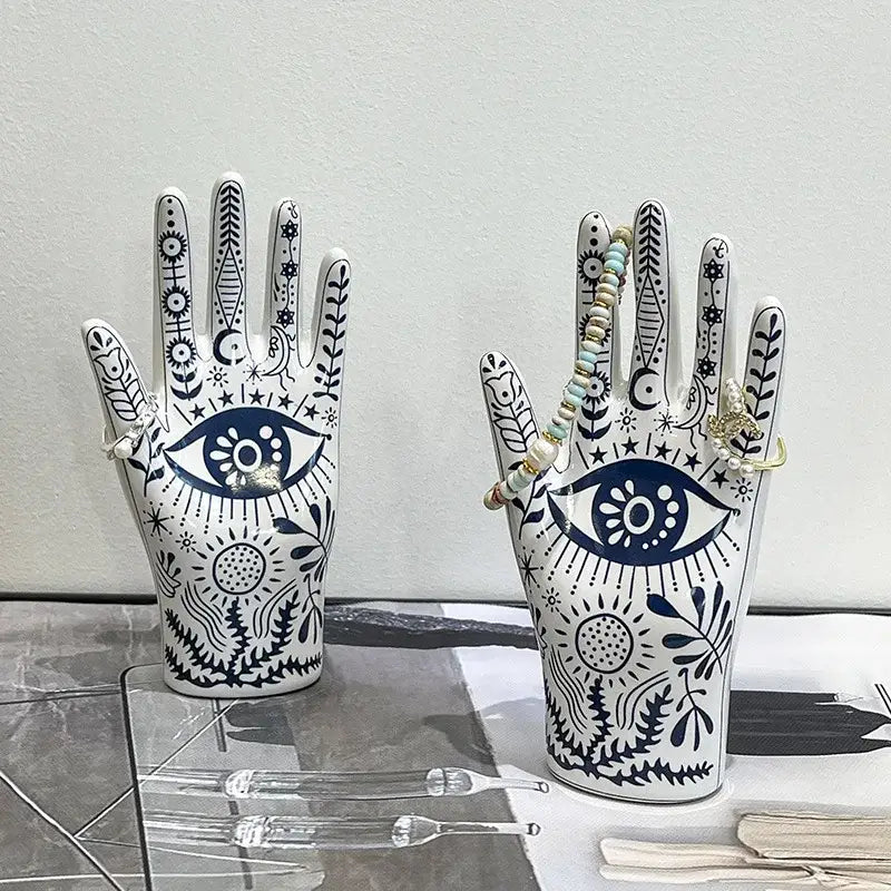 Mystic white & blue ceramic hand jewelry holder stand bedroom decor