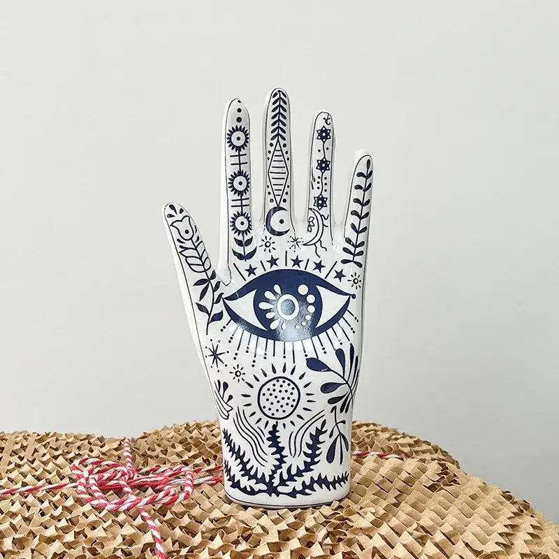 Mystic white & blue ceramic hand jewelry holder stand bedroom decor