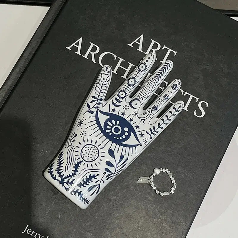 Mystic white & blue ceramic hand jewelry holder stand bedroom decor