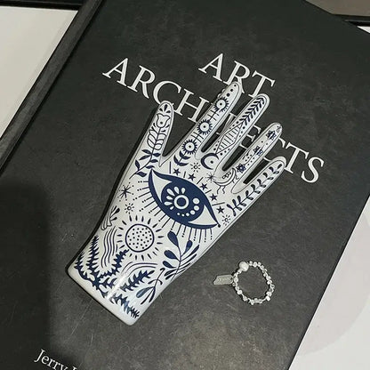 Mystic white & blue ceramic hand jewelry holder stand bedroom decor