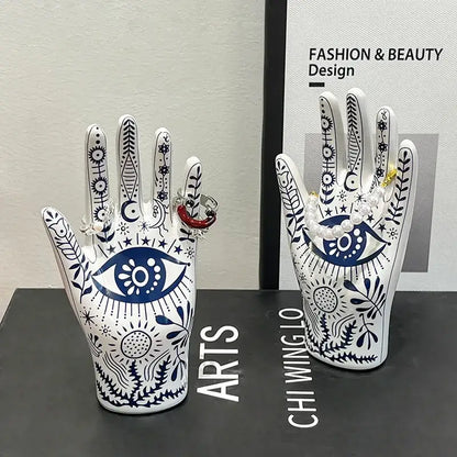 Mystic white & blue ceramic hand jewelry holder stand bedroom decor