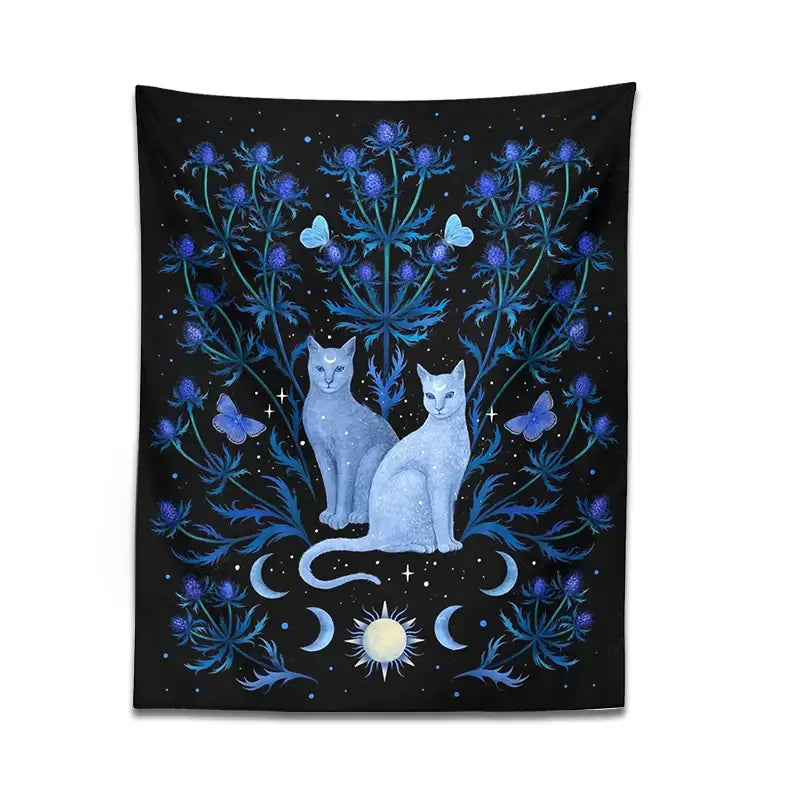Mystical black and blue cat tapestry wall hanging bedroom decor