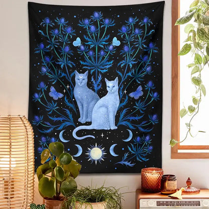 Mystical black and blue cat tapestry wall hanging bedroom decor