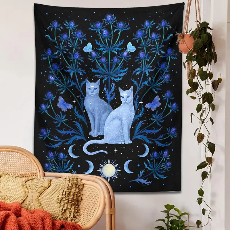 Mystical black and blue cat tapestry wall hanging bedroom decor