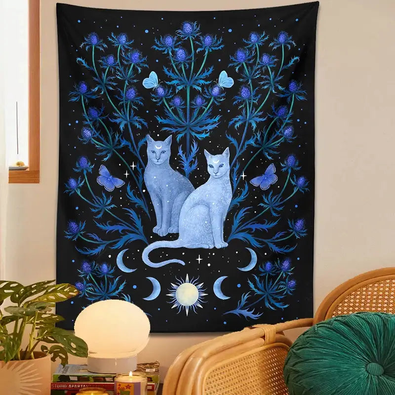 Mystical black and blue cat tapestry wall hanging bedroom decor