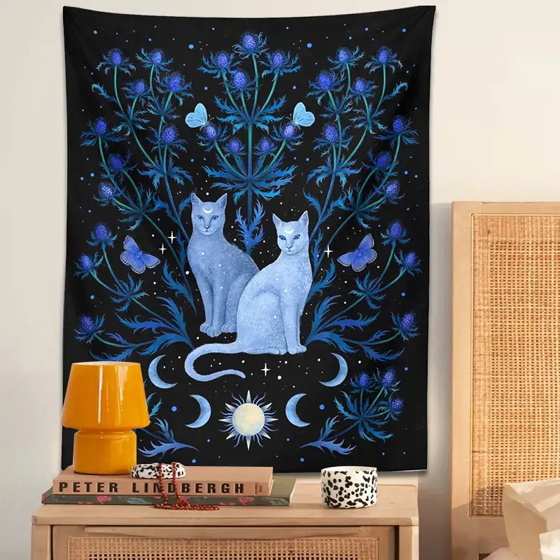Mystical black and blue cat tapestry wall hanging bedroom decor