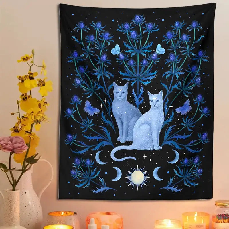 Mystical black and blue cat tapestry wall hanging bedroom decor
