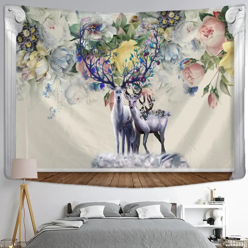 Mystical elk tapestry wall hanging for bedroom forest decor