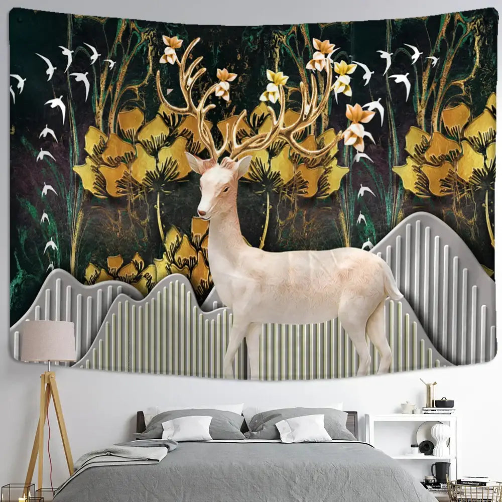Mystical elk tapestry wall hanging for bedroom forest decor