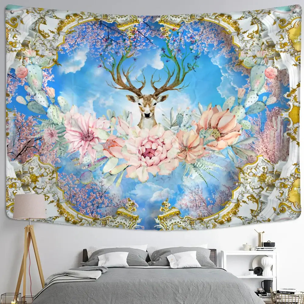 Mystical elk tapestry wall hanging for bedroom forest decor