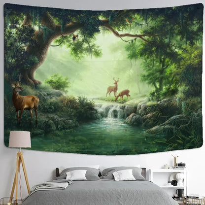 Mystical elk tapestry wall hanging for bedroom forest decor