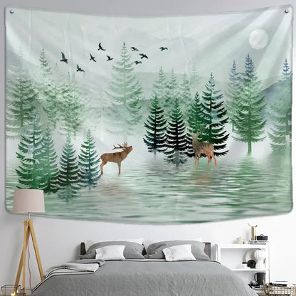 Mystical elk tapestry wall hanging for bedroom forest decor