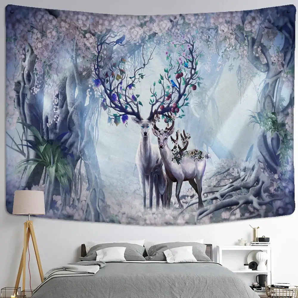 Mystical elk tapestry wall hanging for bedroom forest decor