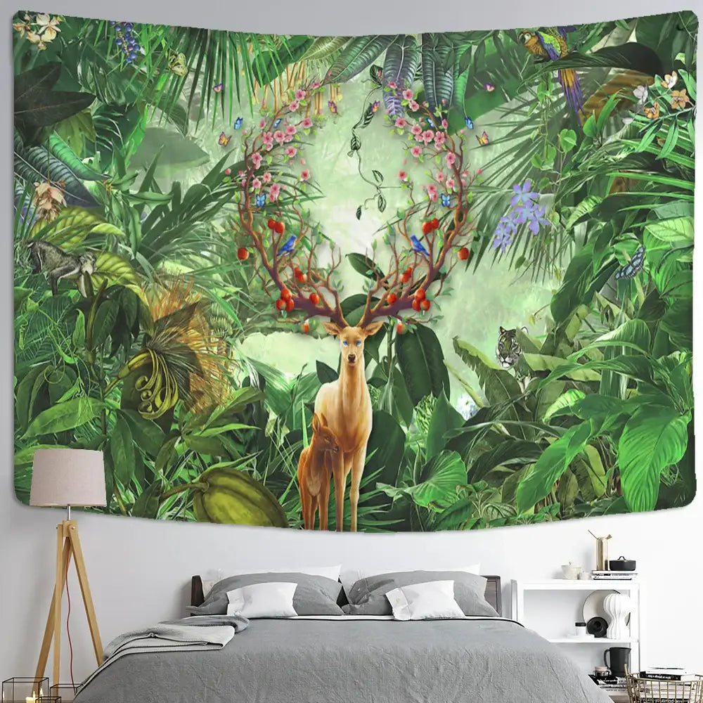 Mystical elk tapestry wall hanging for bedroom forest decor