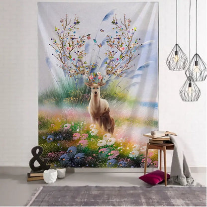 Mystical elk tapestry wall hanging for bedroom forest decor