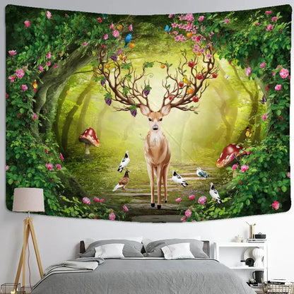 Mystical elk tapestry wall hanging for bedroom forest decor