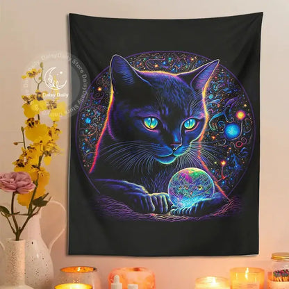 Mystical neon black cat tapestry bedroom cosmic wall art