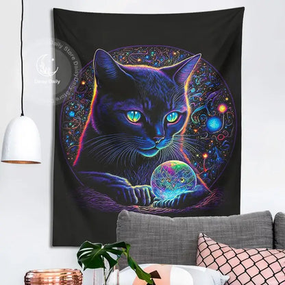 Mystical neon black cat tapestry bedroom cosmic wall art