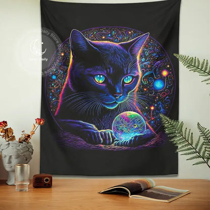 Mystical neon black cat tapestry bedroom cosmic wall art