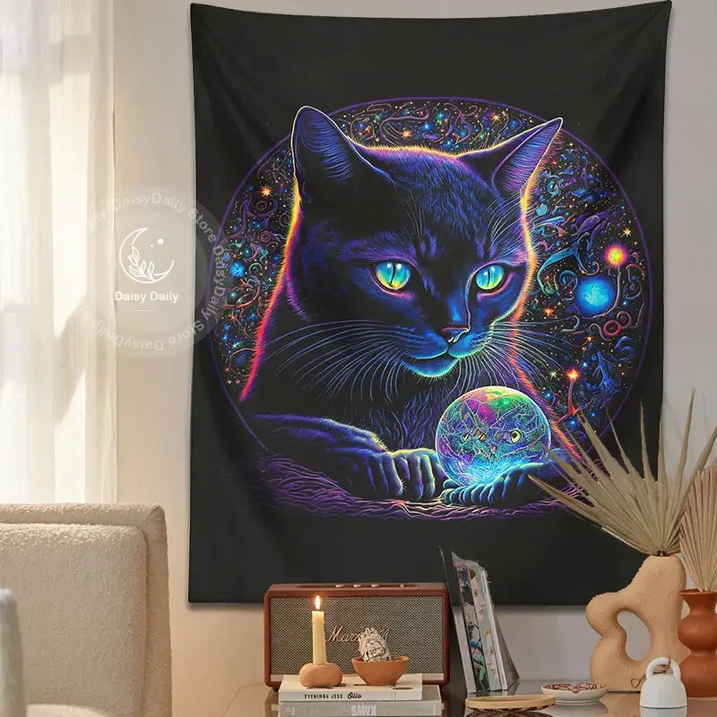 Mystical neon black cat tapestry bedroom cosmic wall art