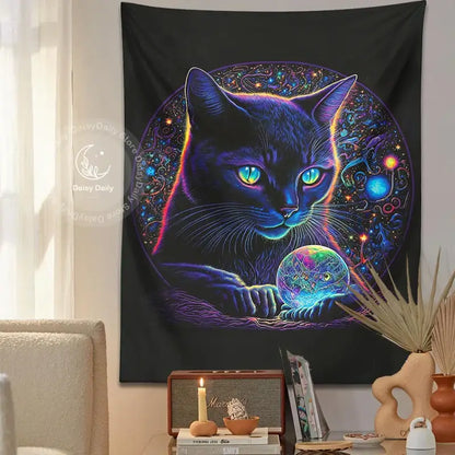 Mystical neon black cat tapestry bedroom cosmic wall art