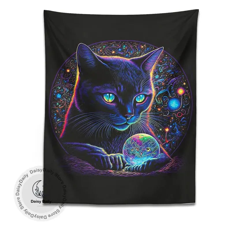 Mystical neon black cat tapestry bedroom cosmic wall art