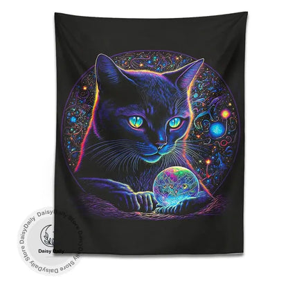 Mystical neon black cat tapestry bedroom cosmic wall art